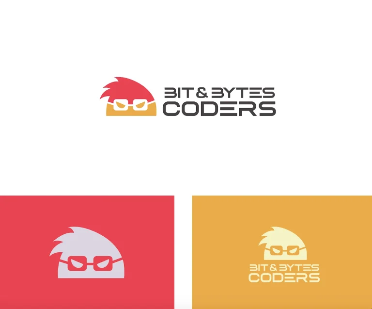 Bit & Bytes Coders logo and mascot on white, red and yellow backgrounds