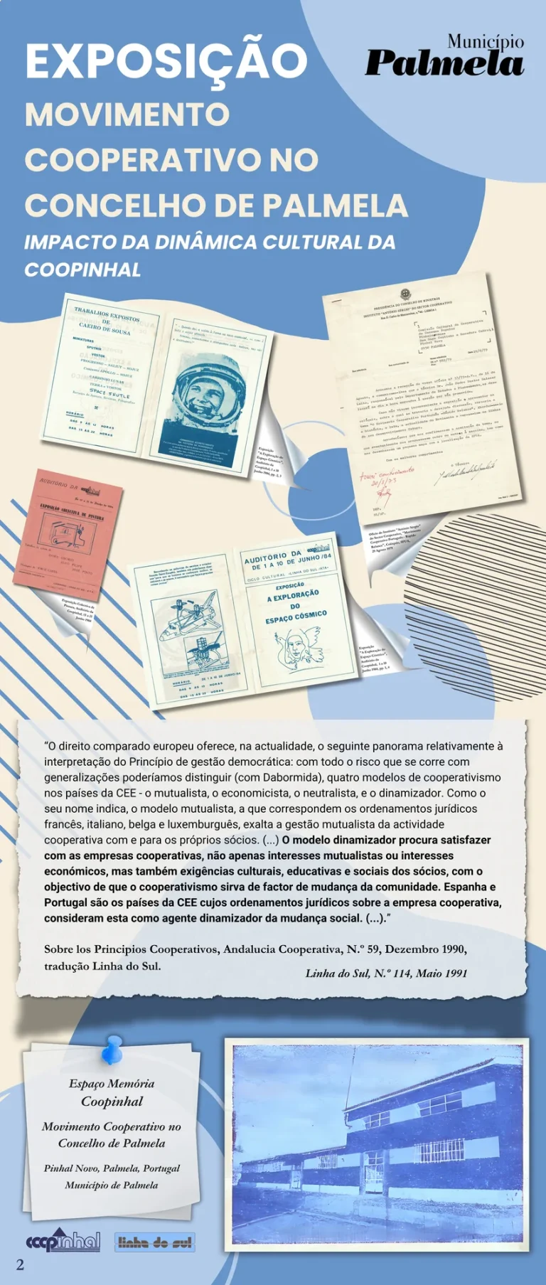 Blue exhibition panel about the cultural impact of Coopinhal, with archive leaflets and a quote