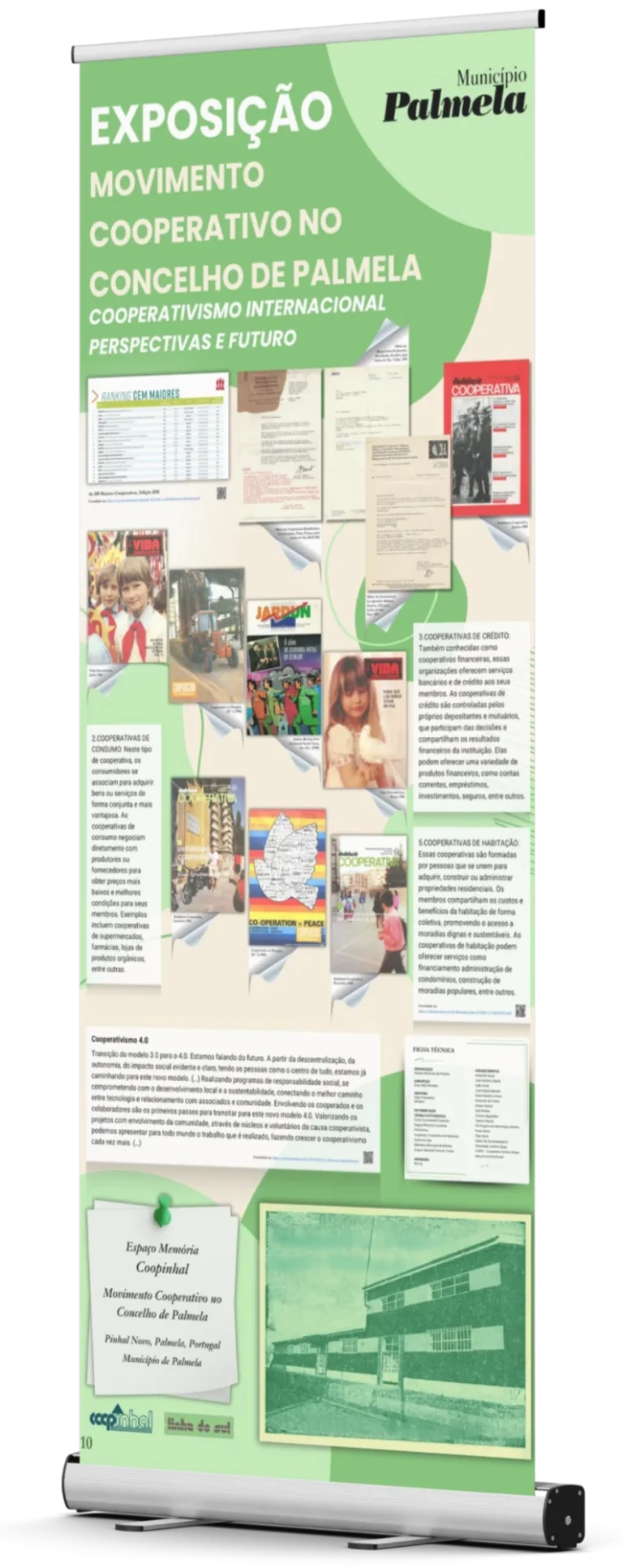 Green roll-up banner for the Coopinhal cooperative movement exhibition, about international cooperativism and the future