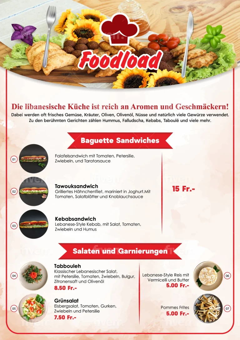 Foodload restaurant flyer with sandwiches, salads and prices