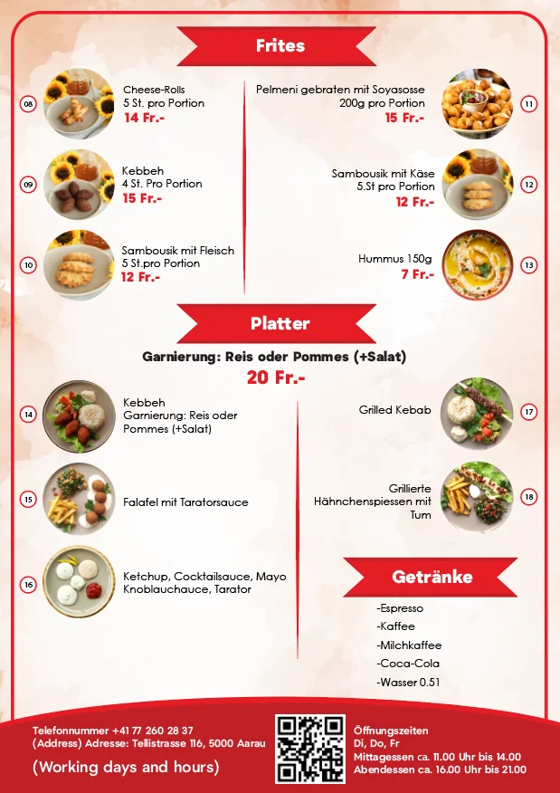 Foodload menu with fries, platters and drinks