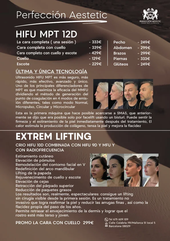 Perfección Aestetic beauty clinic price list flyer for HIFU and lifting treatments